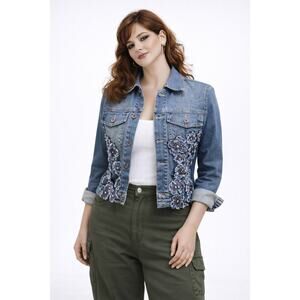 CR Sportswear Cropped Stretch Denim Jacket 3D Floral Applique Size M